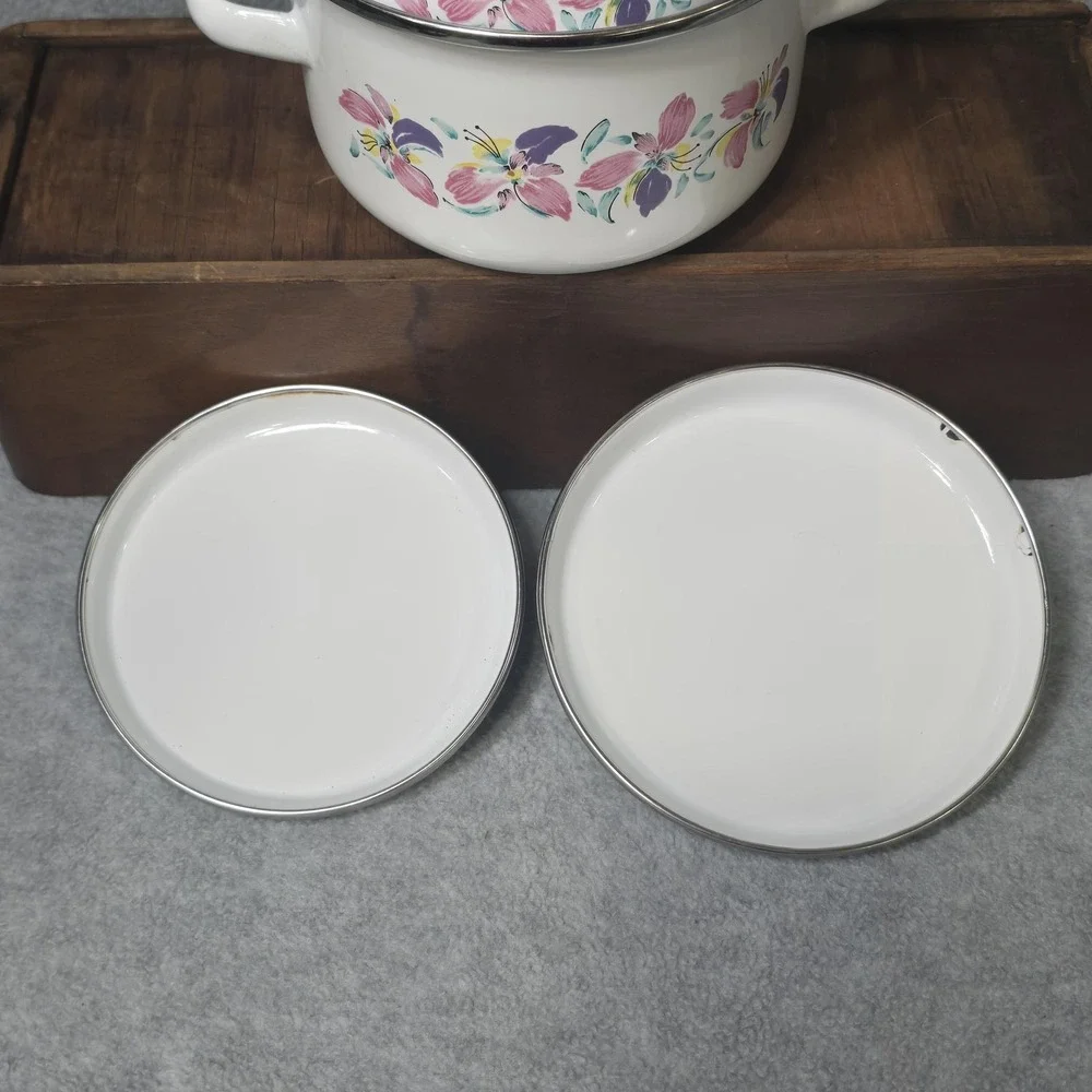 Vintage Enamelware Pots Set of 2 Floral Pink Purple White Lids Indonesia 80s